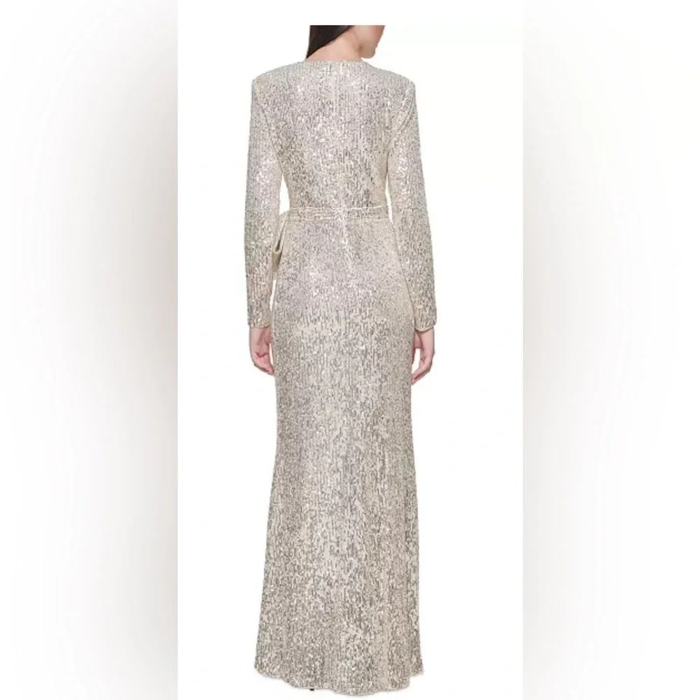 Eliza J Women's Formal Dress Size 6 Gold Sequined Long Sleeve Thigh Slit Gown - Picture 2 of 3